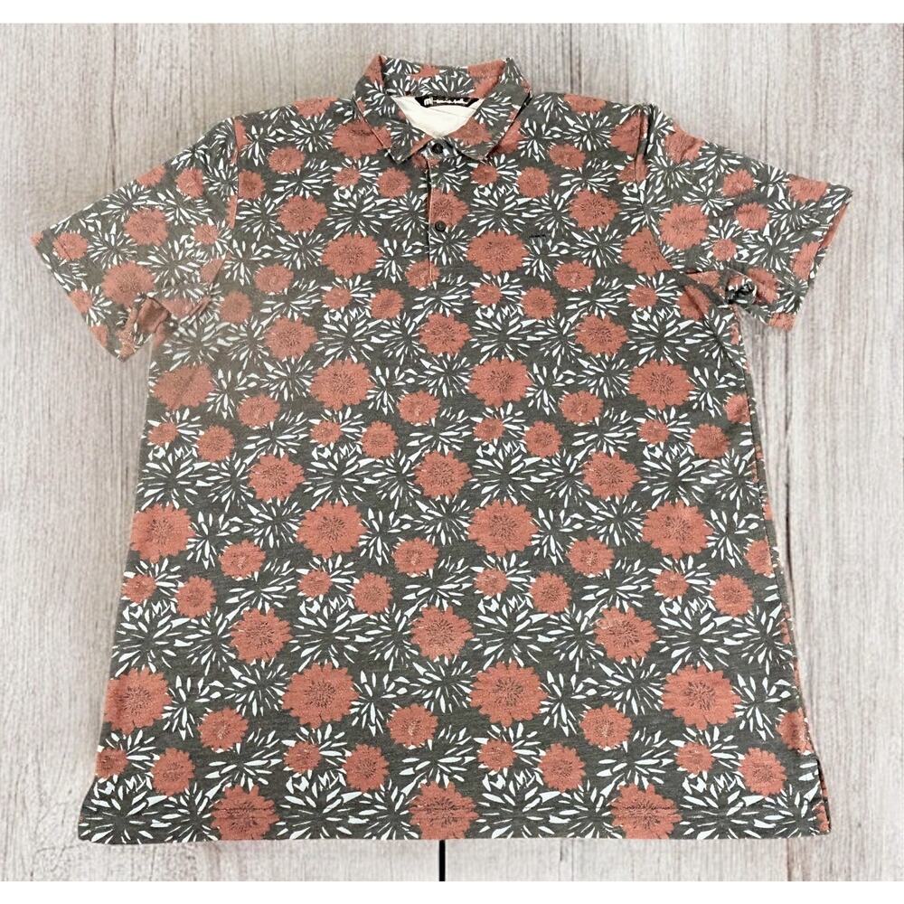 Travis Mathew Polo Shirt Mens Large Blue Red All Over Print Cotton Blend Floral